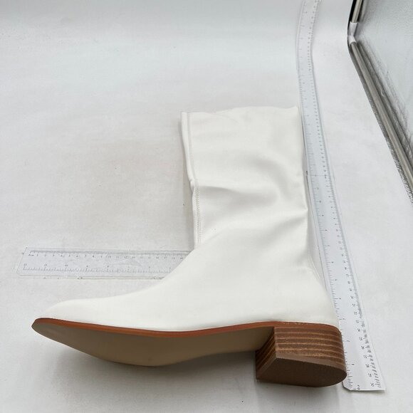 White Knee High Boot Almond Toe Mid Calf Booties for Women Chunky Heel Work Boot - Picture 2 of 7